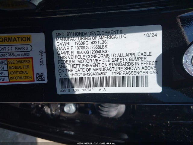 1HGCY1F42SA004507 Honda ACCORD SE