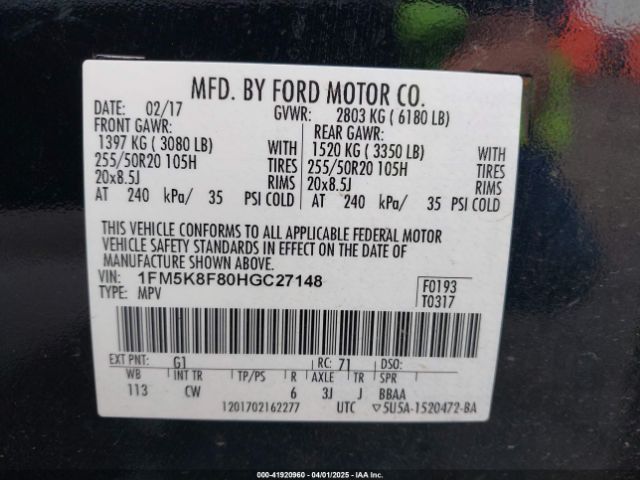 1FM5K8F80HGC27148 Ford Explorer Limited