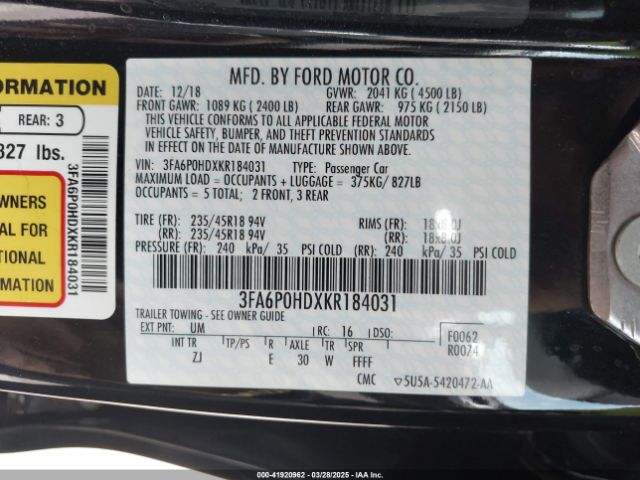 3FA6P0HDXKR184031 Ford FUSION SE