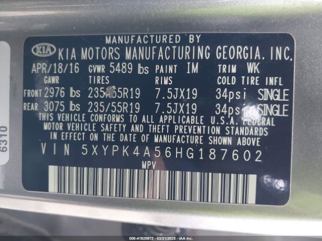 5XYPK4A56HG187602 KIA Sorento 3.3l Sx