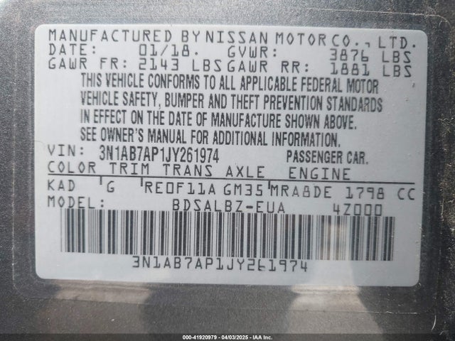 3N1AB7AP1JY261974 Nissan SENTRA S