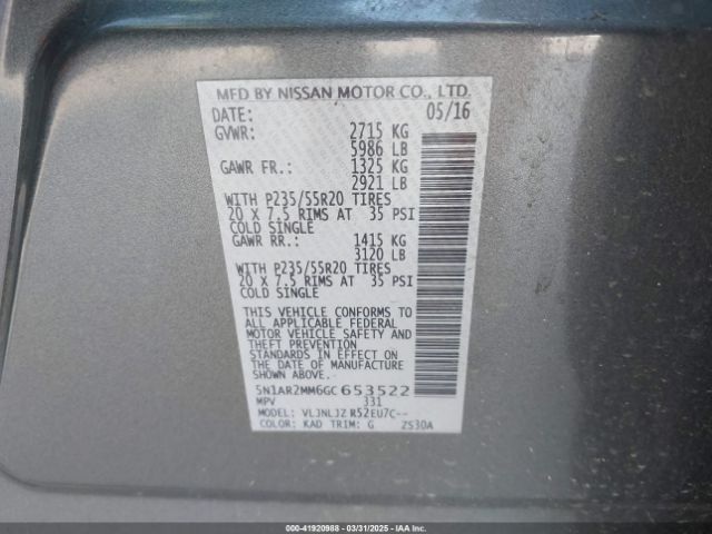 5N1AR2MM6GC653522 Nissan Pathfinder Platinum
