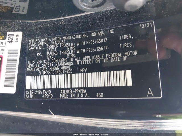 5TDKSKFC1NS042455 Toyota SIENNA LE