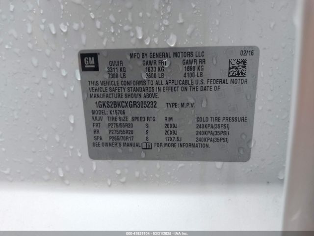 1GKS2BKCXGR305232 GMC YUKON SLT