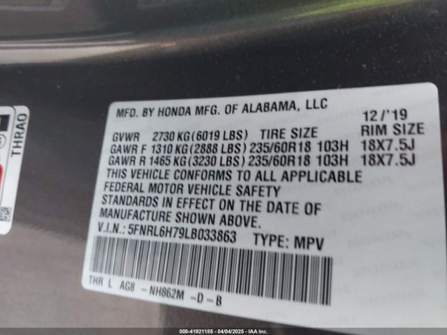5FNRL6H79LB033863 Honda Odyssey Ex-l/ex-l W/navi   Res