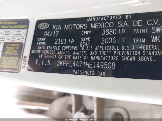 3KPFL4A71HE149508 KIA FORTE LX