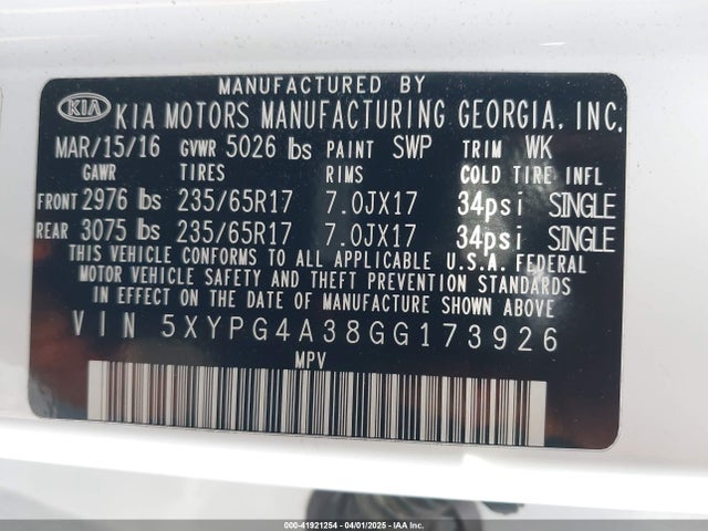 5XYPG4A38GG173926 KIA Sorento 2.4l Lx