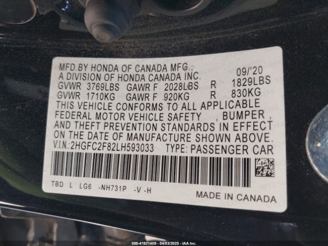 2HGFC2F82LH593033 Honda Civic Sport