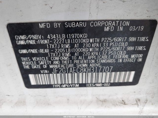 JF2GTAEC8KH317707 Subaru Crosstrek 2.0i Premium