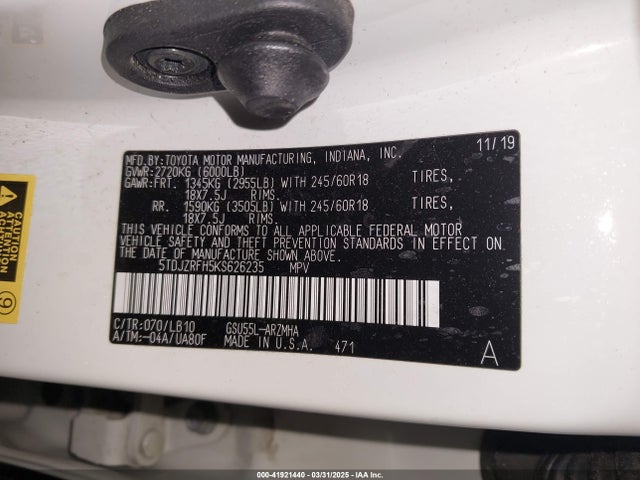 5TDJZRFH5KS626235 Toyota Highlander Xle
