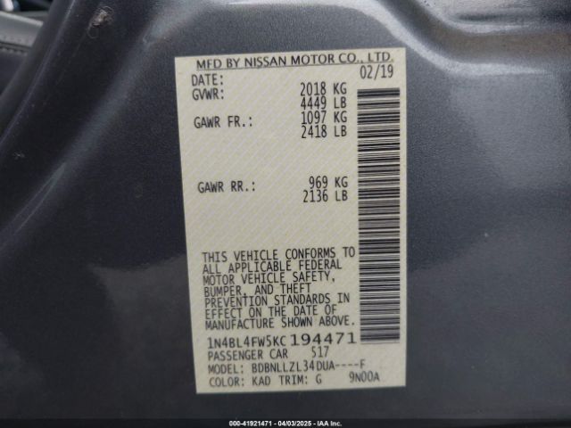 1N4BL4FW5KC194471 Nissan Altima 2.5 Platinum
