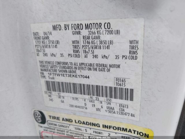 1FTFW1ET3EKE17044 Ford F-150 Xlt