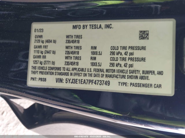 5YJ3E1EA7PF473749 Tesla Model 3 Rear-wheel Drive