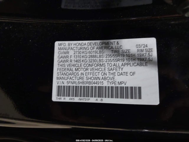 Honda Odyssey Touring 2024 5FNRL6H80RB044915 Image 9