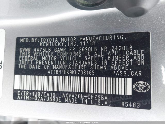 4T1B11HK9KU708465 Toyota CAMRY SE