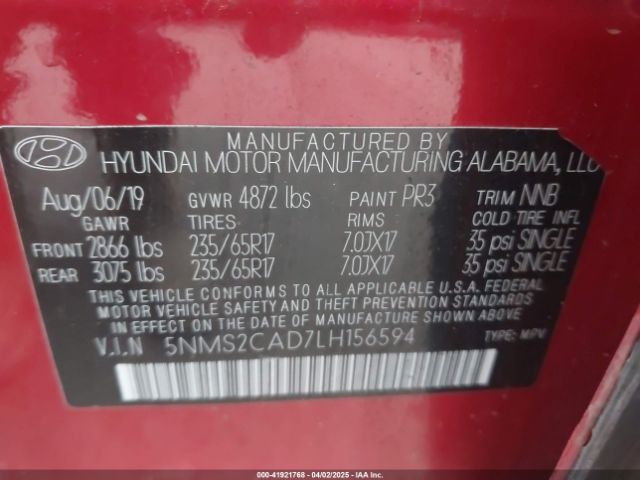 5NMS2CAD7LH156594 Hyundai Santa Fe Se