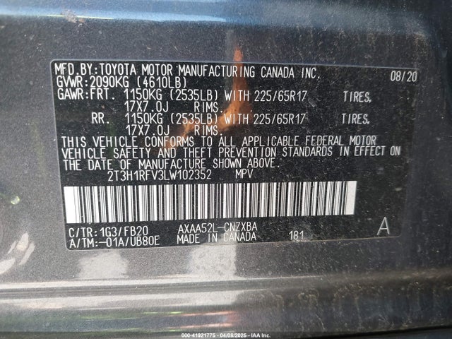 2T3H1RFV3LW102352 Toyota RAV4 LE