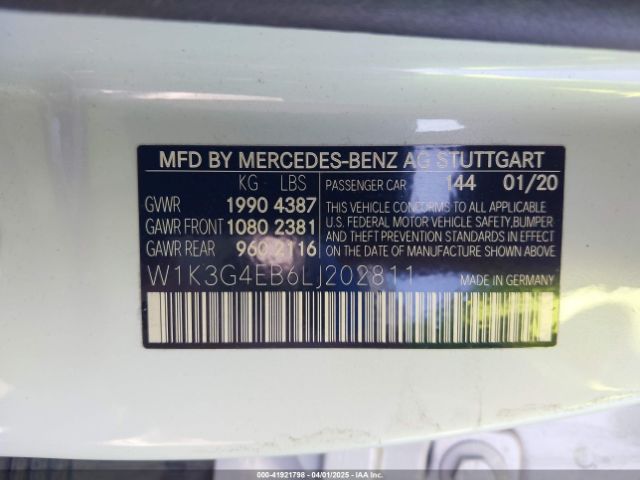 W1K3G4EB6LJ202811 Mercedes-Benz A 220