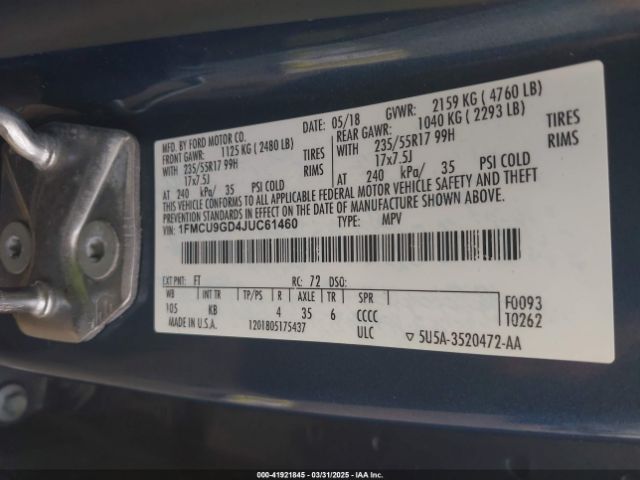 1FMCU9GD4JUC61460 Ford ESCAPE SE