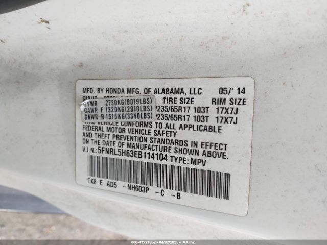 5FNRL5H63EB114104 Honda Odyssey Ex-l