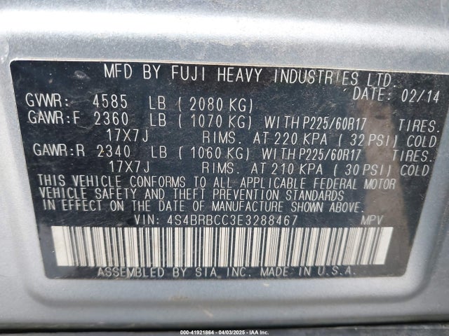 4S4BRBCC3E3288467 Subaru Outback 2.5i Premium