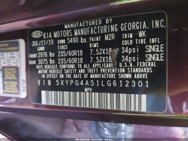 5XYPG4A51LG612301 KIA Sorento 3.3l Lx