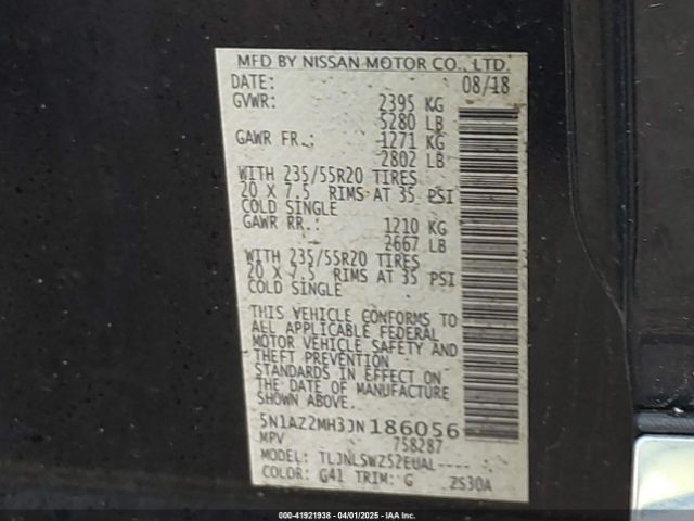 5N1AZ2MH3JN186056 Nissan Murano Platinum