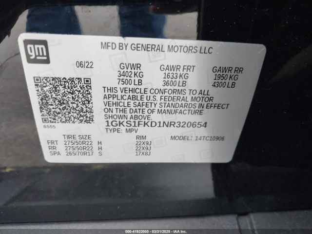 1GKS1FKD1NR320654 GMC Yukon Xl 2wd Sle