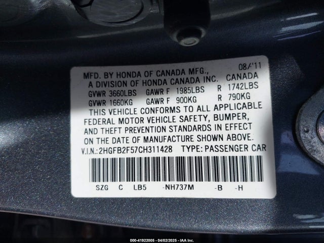 Aukcja sprzedaży 2012 Honda Civic Lx, vin: 2HGFB2F57CH311428, numer aukcji: 41922005