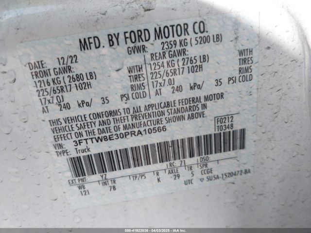 3FTTW8E30PRA10566 Ford Maverick Xlt