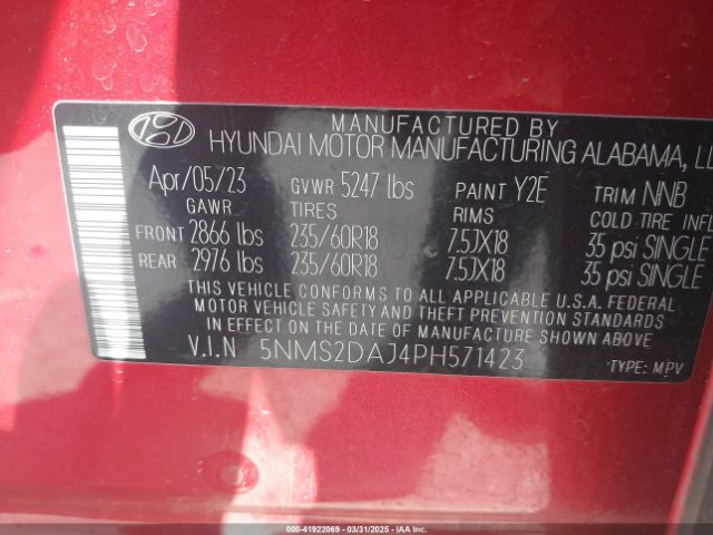 5NMS2DAJ4PH571423 Hyundai Santa Fe Sel