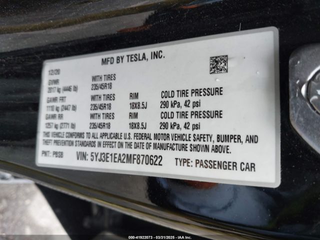 5YJ3E1EA2MF870622 Tesla Model 3 Standard Range Plus Rear-wheel Drive
