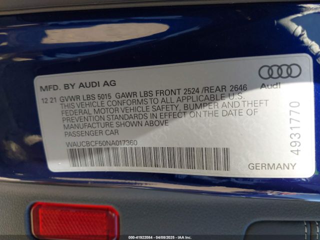 WAUCBCF50NA017360 Audi A5 Sportback Premium Plus 40 Tfsi Quattro S Tronic