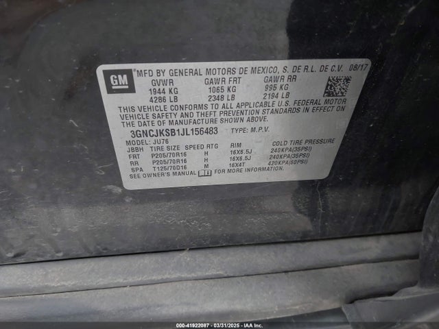 3GNCJKSB1JL156483 Chevrolet TRAX LS