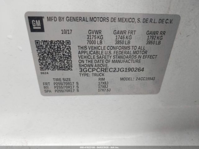 3GCPCREC2JG190264 Chevrolet Silverado 1500 1lt