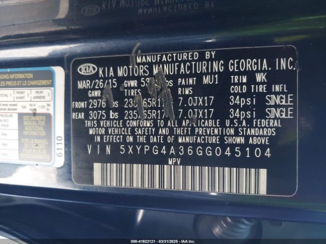 5XYPG4A36GG045104 KIA Sorento 2.4l Lx