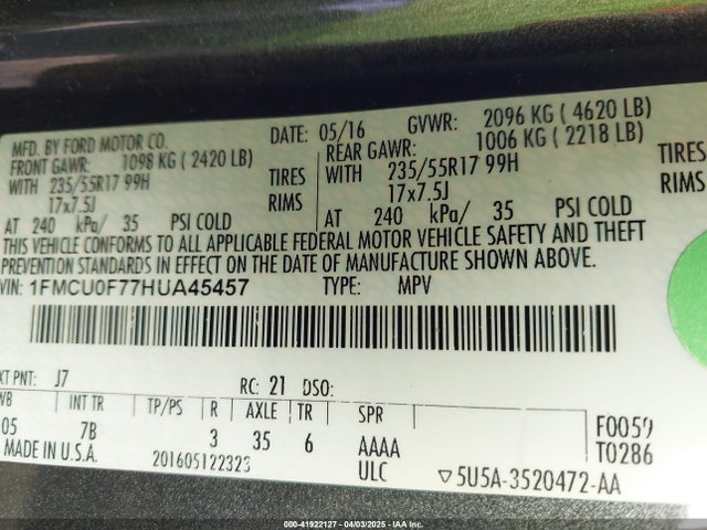 1FMCU0F77HUA45457 Ford ESCAPE S