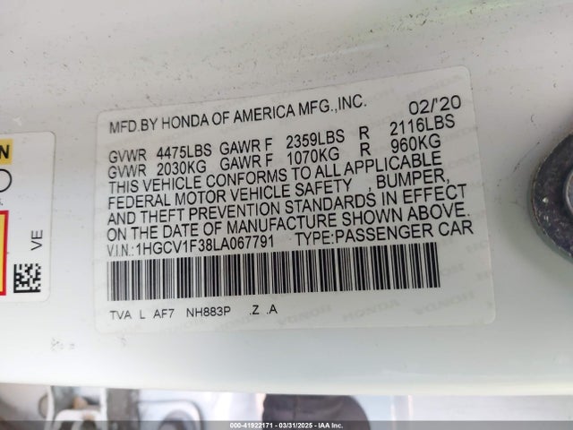 1HGCV1F38LA067791 Honda l15be
