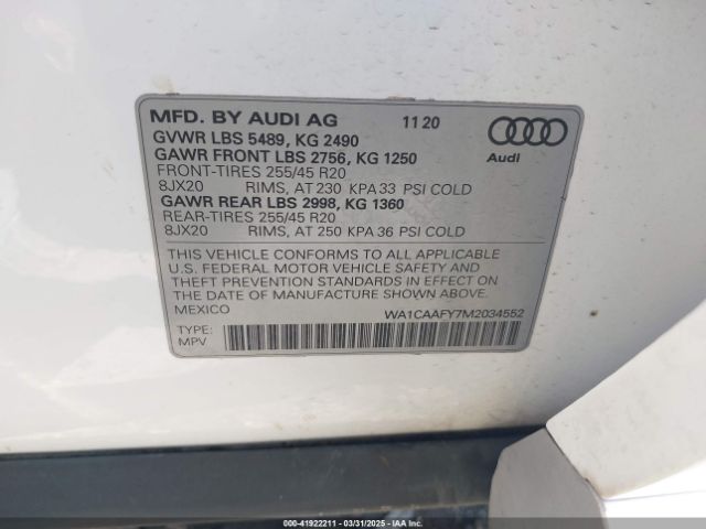 WA1CAAFY7M2034552 Audi Q5 Prestige 45 Tfsi Quattro S Tronic