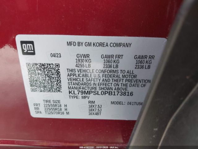 KL79MPSL0PB173816 Chevrolet Trailblazer Fwd Lt