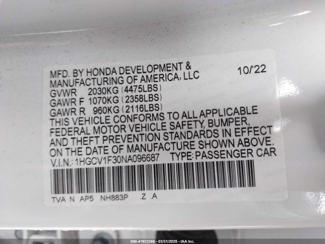 2022 HONDA ACCORD 1HGCV1F30NA096687 Photo 8