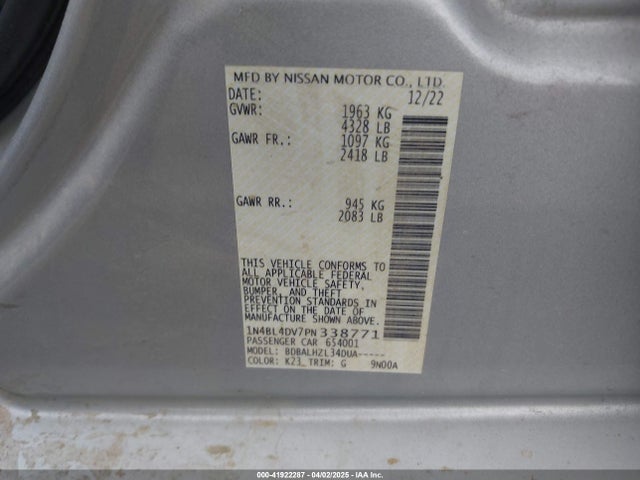 1N4BL4DV7PN338771 Nissan Altima Sv Fwd