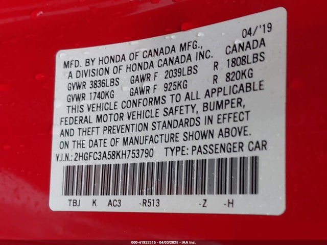 2HGFC3A58KH753790 Honda CIVIC SI