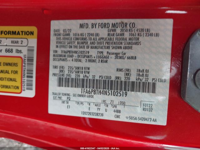 1FA6P8TH4N5102519 Ford Mustang Ecoboost Premium Fastback