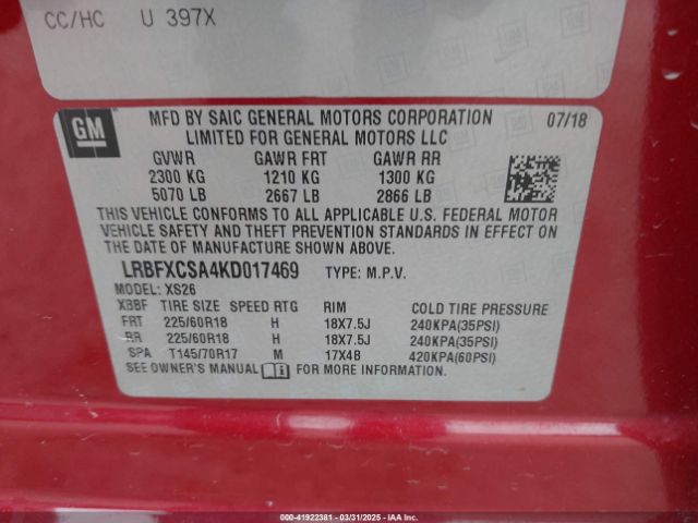 LRBFXCSA4KD017469 Buick Envision Fwd Essence