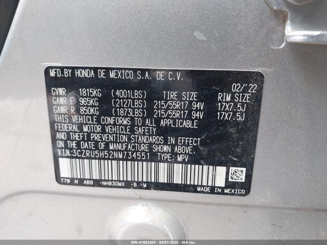 3CZRU5H52NM734551 Honda r18z9