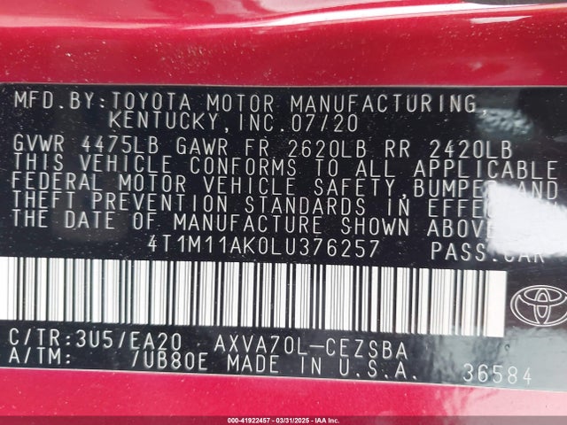 4T1M11AK0LU376257 Toyota CAMRY SE