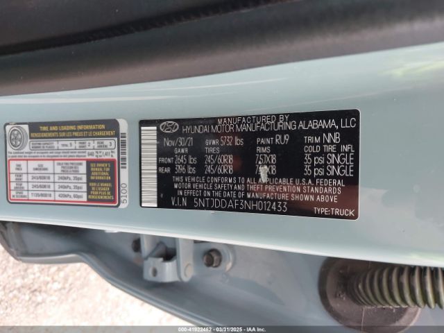 5NTJDDAF3NH012433 Hyundai Santa Cruz Sel Premium