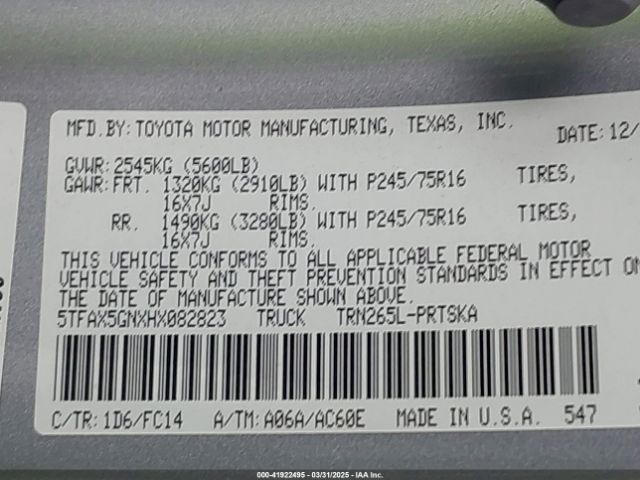 5TFAX5GNXHX082823 Toyota Tacoma Sr5