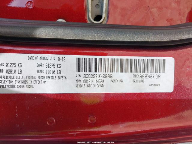 2C3CDXBG1KH698786 Dodge Charger Sxt Rwd